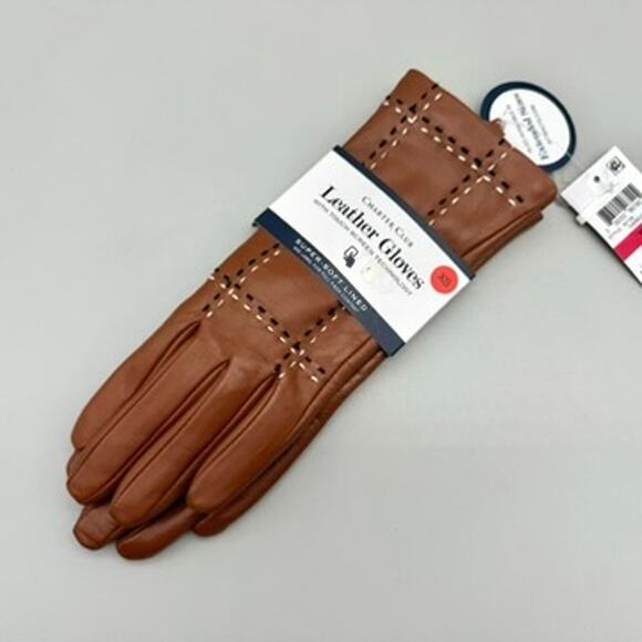 Charter Club Gloves Womens XS Saddle Brown Plaid Topstitch Leather Luxurious - Picture 1 of 6